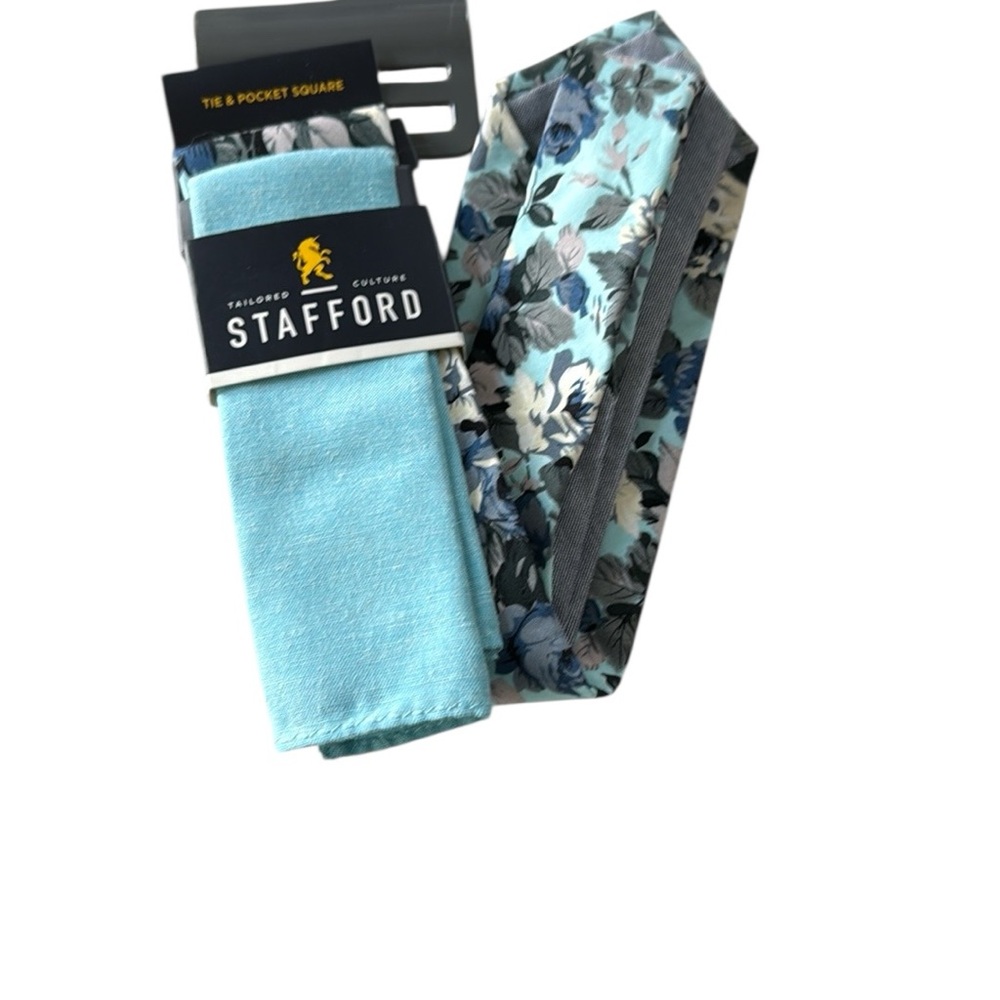 Stafford Tie And Pocket Square combo In Floral Print 100% Cotton NWT - Picture 3 of 4